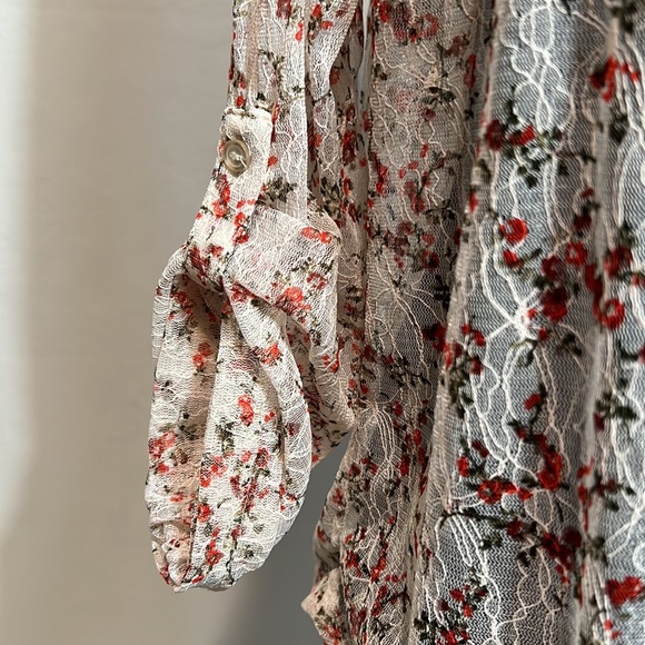 American Rag Pink Mesh Floral Button Down Blouse with Red Flowers - Picture 3 of 10